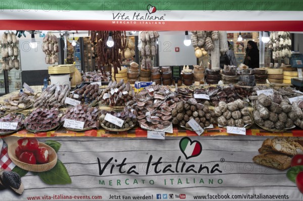 Italian sausage offer during the Italian weeks in Nuremberg, Middle Franconia, Bavaria, Germany,