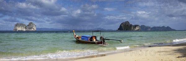 Longtail boat on the beach, Koh Ngai Island, Andaman Sea, Satun Province, Southern Thailand,