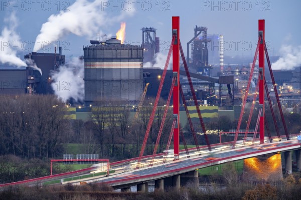 Thyssenkrupp Steel steelworks, blast furnaces 8 and 9, gasometer, motorway bridge of the A42 over