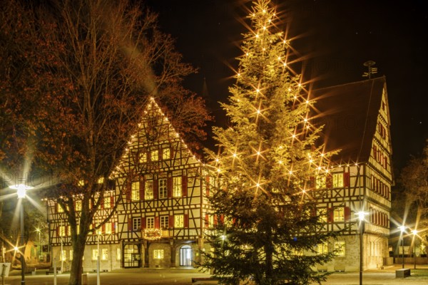 The festively decorated town hall of Münsingen at Christmas time, Swabian Alb, Reutlingen district,