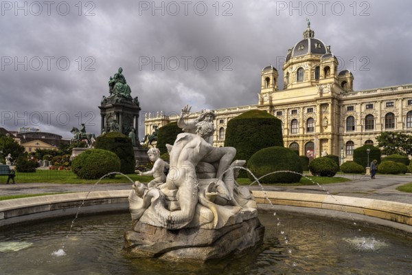 Fountain on Maria-Theresien-Platz and the Natural History Museum in ViennaAustria