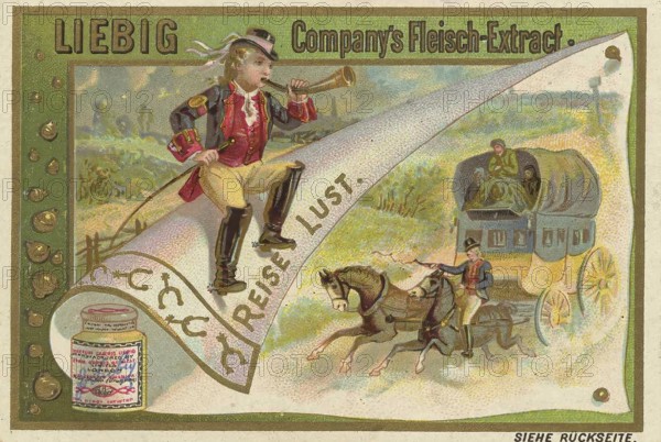 Picture series Leisure activities on holiday, travelling by carriage, Liebig picture, digitally