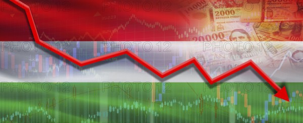 Hungary financial crisis on economic graph. Financial fall of Hungary on economy market