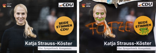 Comparison of two large posters for the 2025 federal election by the CDU with Katja Strauss-Köster,
