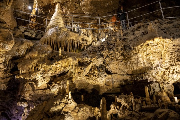 Stalagmites and stalactites in a cave, Devil's Cave Pottenstein, Franconian Switzerland, Franconia,