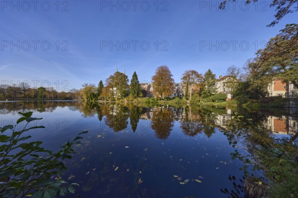 Mill pond with trees, general buildings against a cloudless blue sky, symmetrical reflections on