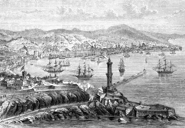 City view of Genoa with harbour, three-masted sailing ships, pier, lighthouse and mountain