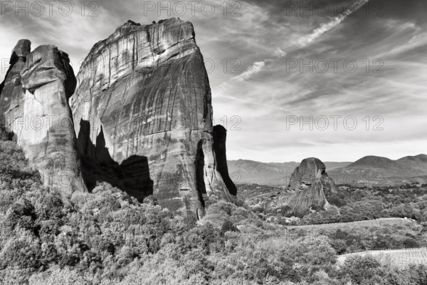 Rock needles, sandstone formations, Meteora, monochrome, Thessaly, Greece, Europe