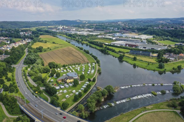 Hattingen, North Rhine-Westphalia, Germany - Cityscape at the Ruhr, Ruhrpromenade, in front a