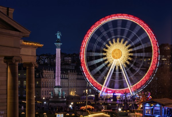 Christmas market with Christmas pyramid, Ferris wheel, New Palace, Jubilee Column, Concordia,