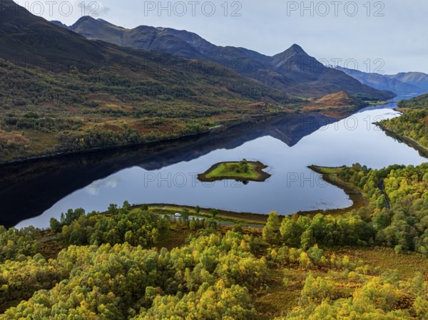 Fjord, coast, mountain landscape, reflection, island, autumn, autumn colours, aerial view, Loch