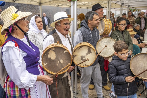 Traditionally dressed elderly musicians during the Bajada in Arure, La Gomera, Canary Islands,