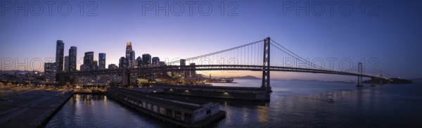 Panoramic San Francisco financial district skyline in city downtown near Oakland Bay Bridge