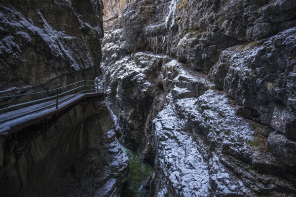 Winter, snowy landscape, river Breitach and hiking trail through the Breitachklamm gorge near