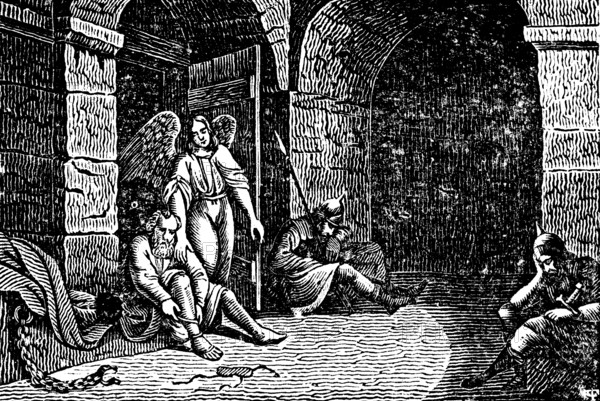 The apostle Peter in chains is led out of prison by an angel, liberation, dungeon, cellar, sleeping