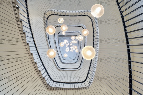 Modern staircase in an office building with a view from below, Zurich, Switzerland, Europe