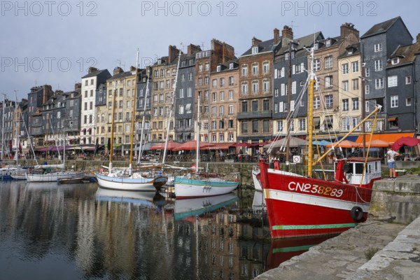 Honfleur, Normandy, France - Boats on the Quai Sainte-Catherine in the old harbour, Vieux Bassin,
