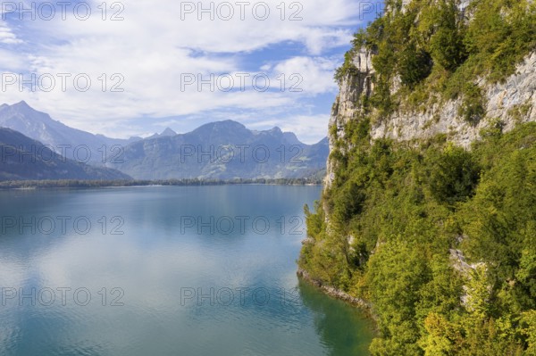 Steep northern shore of Lake Walen with view to the west, Amden, St. Gallen, Switzerland, Europe