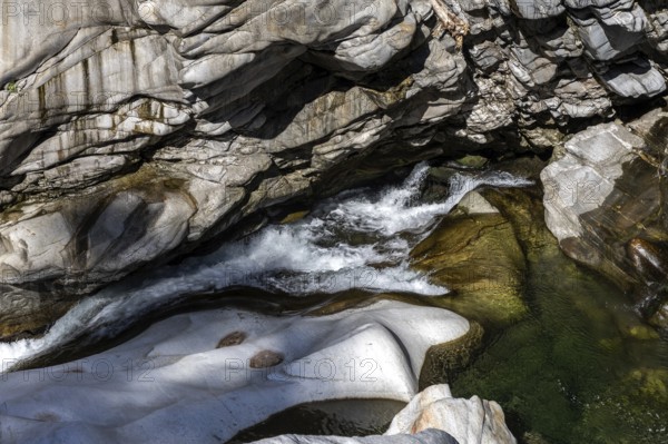 Rocks, granite rock formations in the Maggia River near Ponte Brolla, in the Maggia Valley, Valle