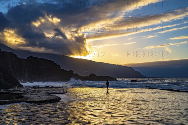 Sunset at the natural swimming pool La Maceta, El Hierro, Canary Islands, Spain, Europe