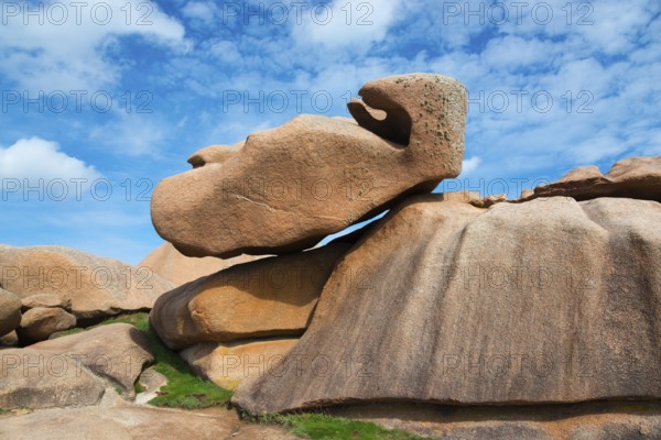 Impressive rock formation under a slightly cloudy sky, Ploumanac'h, Ploumanach, Perros-Guirec,