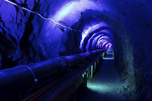 Blue illuminated walkway through the Tamina Gorge, Bad Pfäfers, St. Gallen, Switzerland, Europe