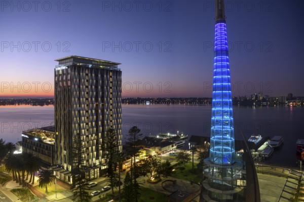 View of the Swan River from the city centre, blue hour, Perth, State of Western Australia,