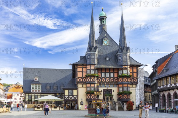 Town hall on the market square with benefactor fountain, Wernigerode, Saxony-Anhalt, Germany,