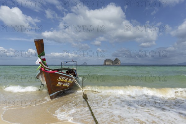 Longtail boat on the beach, Koh Ngai Island, Andaman Sea, Satun Province, Southern Thailand,