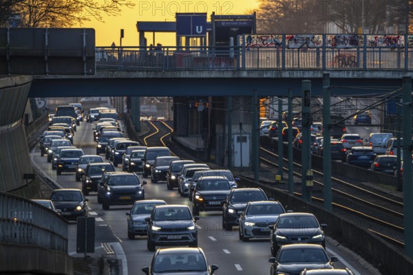 The A40 motorway, Ruhrschnellweg, in the city passage in Essen, evening traffic jam in both