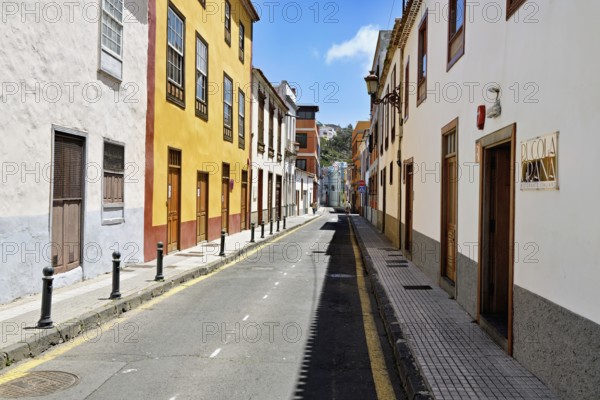 Colourfully painted facades in a quarter of the city, San Cristóbal de La Laguna, Tenerife, Canary