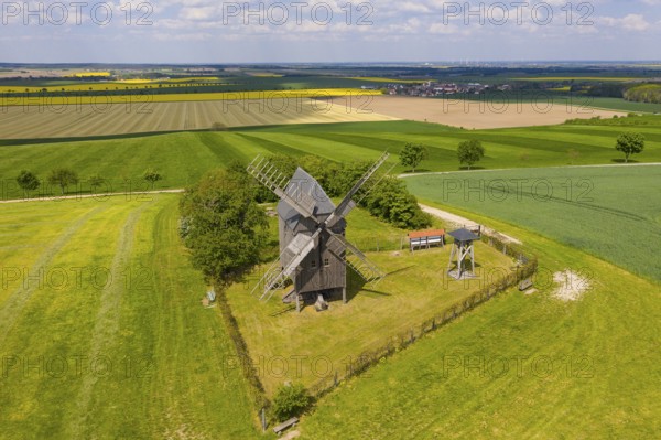 Aerial view of Liebschützberg with buck windmill, in the background the district of Laas, district