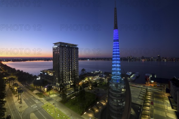 View of the Swan River from the city centre, blue hour, Perth, State of Western Australia,