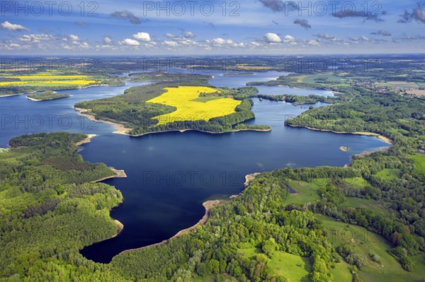Aerial view over lake Schaalsee at Biosphärenreservat Schaalsee in spring, Schleswig-Holstein,