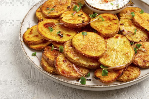 Crispy potato slices, with parmesan cheese and spices, fried in the oven, homemade, no people
