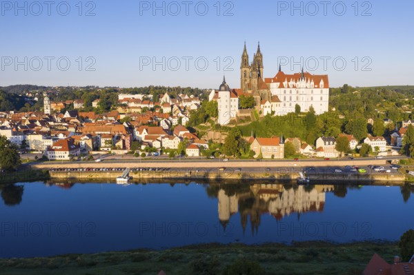 Aerial view of the old town with Church of Our Lady, St.Afra, Albrechtsburg, cathedral and Elbe,