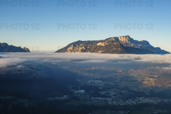 High fog cover over the valley basin of Berchtesgaden, above Lattengebirge and Untersberg,