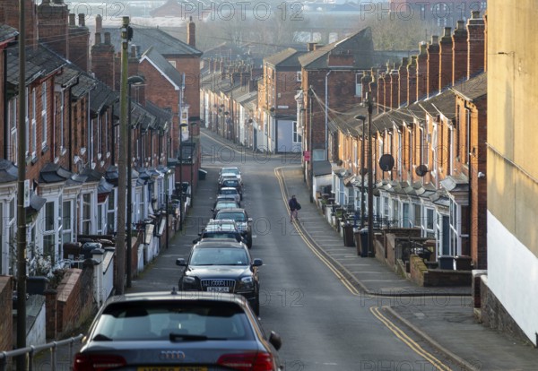 Victorian terraced housing with small front gardens, Vine Street, inner city of Lincoln,