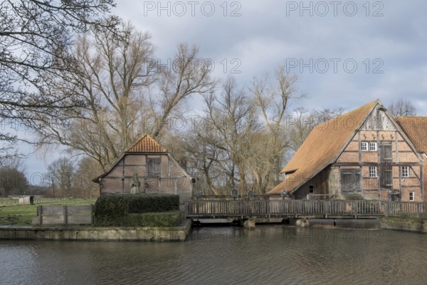 Prince-Bishop's corn water mill in Nienborg, Heek, Münsterland, North Rhine-Westphalia, Germany,