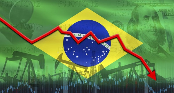 Fall oil price with flag of Brazil on economic chart. Petrol crisis with Brazil flag on financial