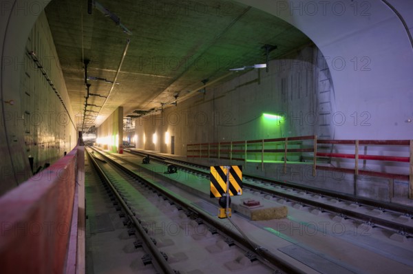 Tracks, track bed on concrete, tunnel, construction site, underground railway project Stuttgart 21,