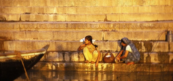 Women washing themselves in the holy water of the Ganges, Varanasi, India 1974