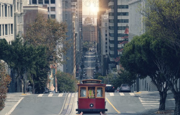 San Francisco, California street and cable cars that connect financial district and upper town