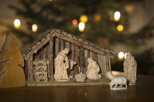 Stable with the Holy Family, shepherd and sheep come to the cot, nativity scene scene, Christmas