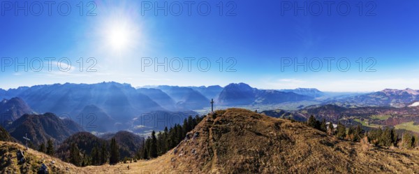 Drone shot, summit cross on Schwarzer Berg with view of the Salzach valley with Hagengebirge and
