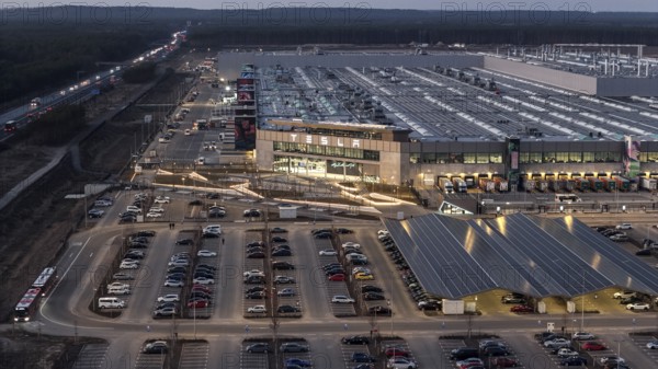 The Tesla Gigafactory at the blue hour, Grünheide, 07.03.2025, Grünheide, Brandenburg, Germany,