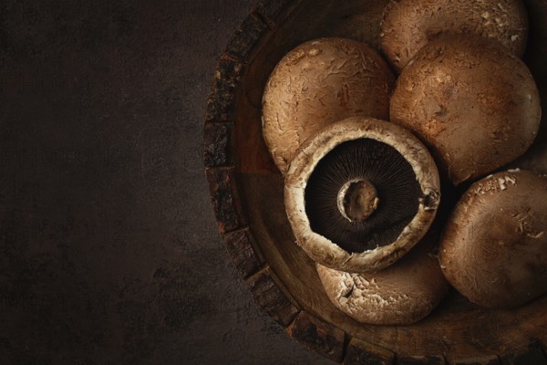 Fresh Portobello mushrooms, in a wooden bowl, top view, close-up, no people