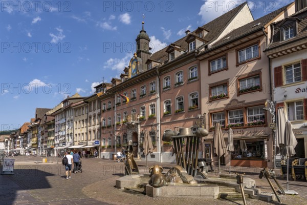Pedestrian zone Kaiserstrasse with Schäferbrunnen fountain in Waldshut-Tiengen, Baden-Württemberg,