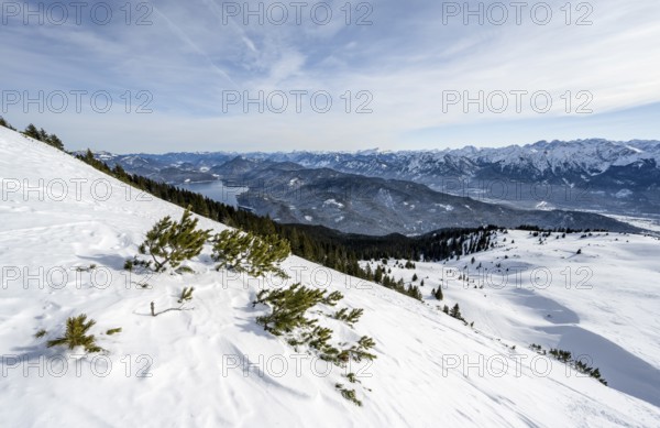 View of Walchensee at Simetsberg with mountain panorama, Estergebirge, Bavarian Prealps, Bavaria