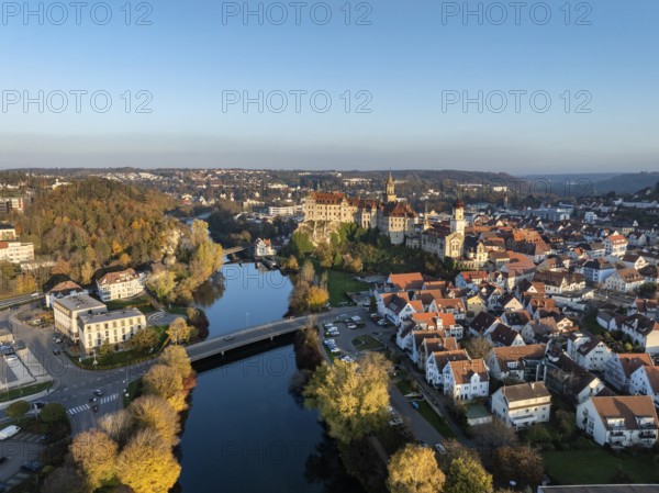 Aerial view of the town of Sigmaringen with the Hohenzollern Castle, a sight and tourist attraction
